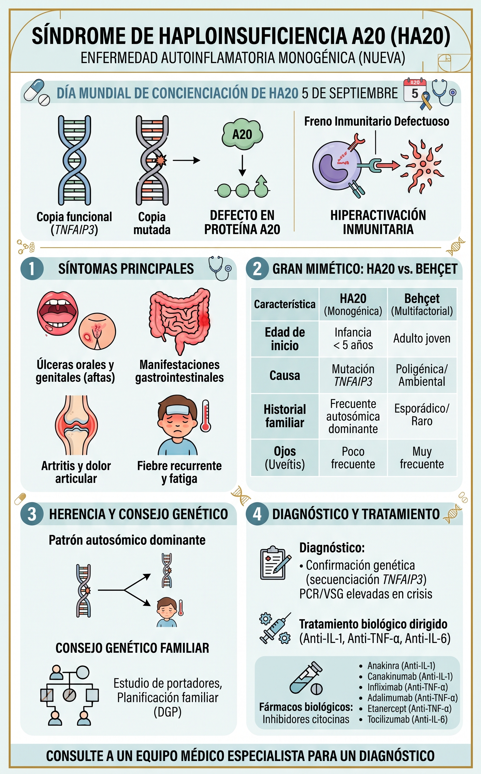 Imagen resumen sobre Haploinsuficiencia A20 en su día de concienciación 5 de septiembre - generada con Gemini IA