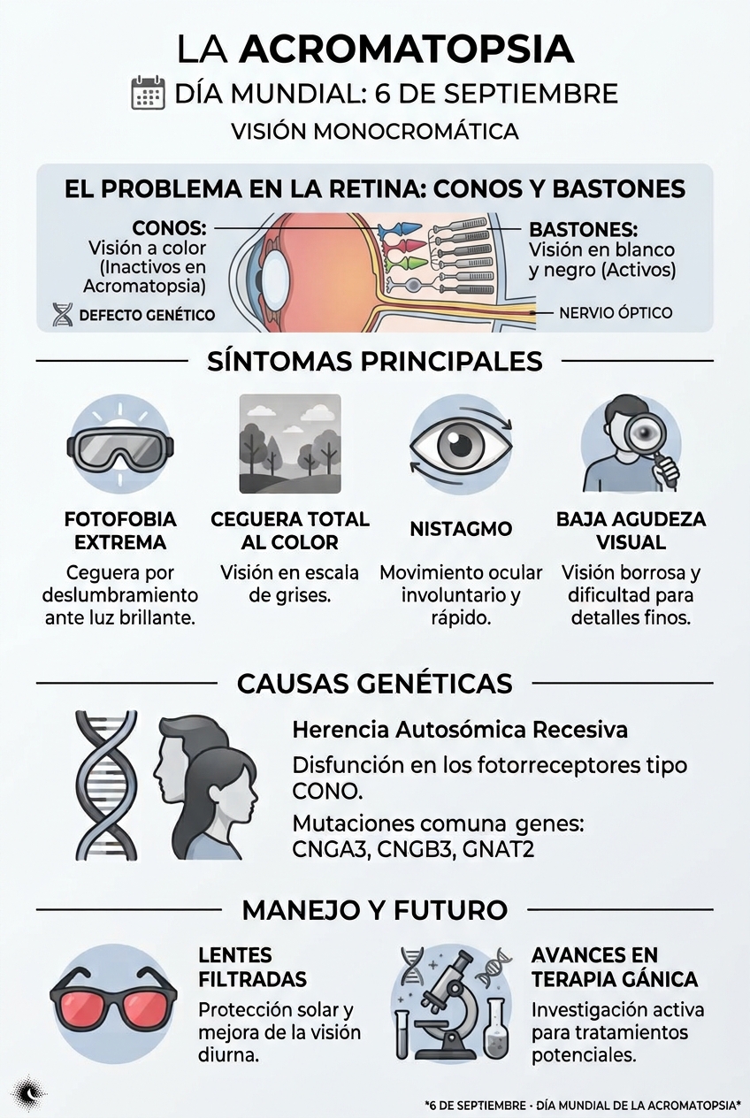 Imagen resumen sobre la acromatopsia en su día munidal 6 de septiembre - generada con Gemini IA