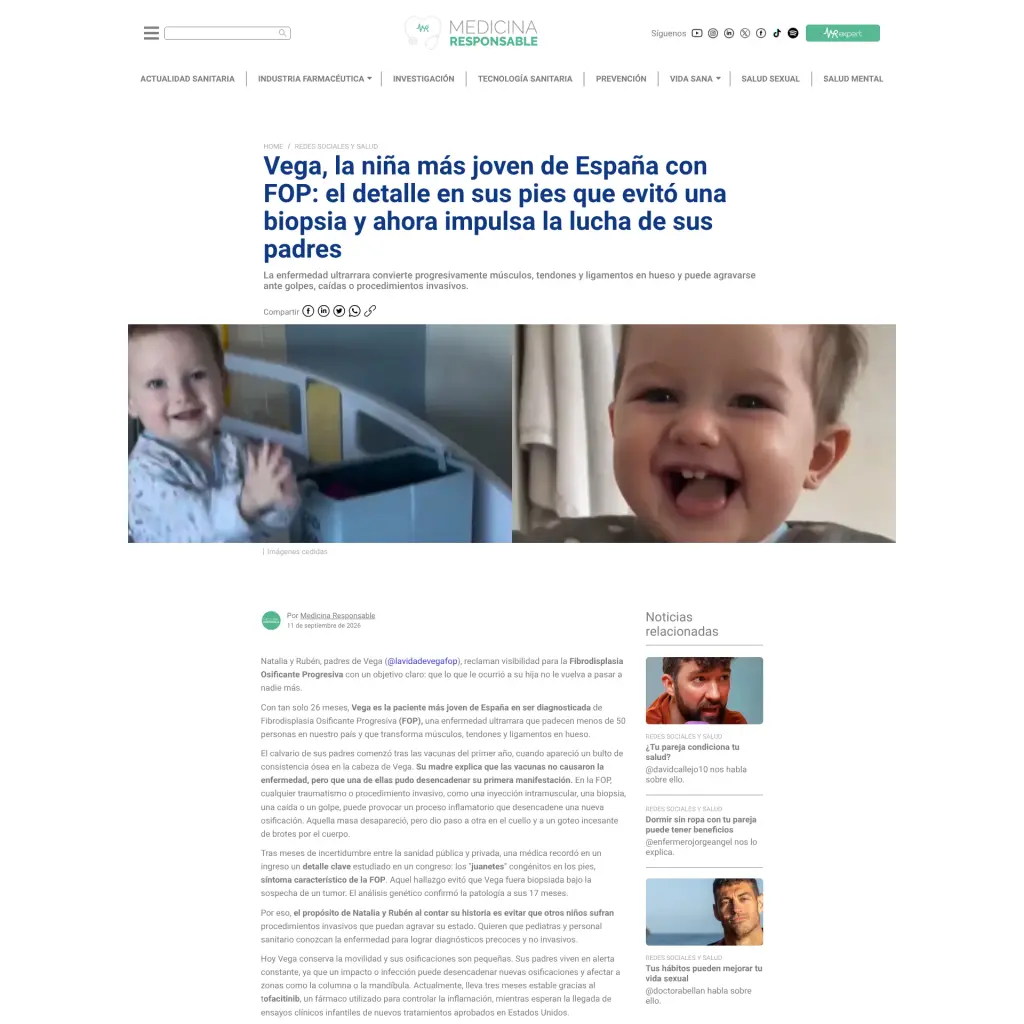 Vega, la niña más joven de España con FOP: el detalle en sus pies que evitó una biopsia y ahora impulsa la lucha de sus padres