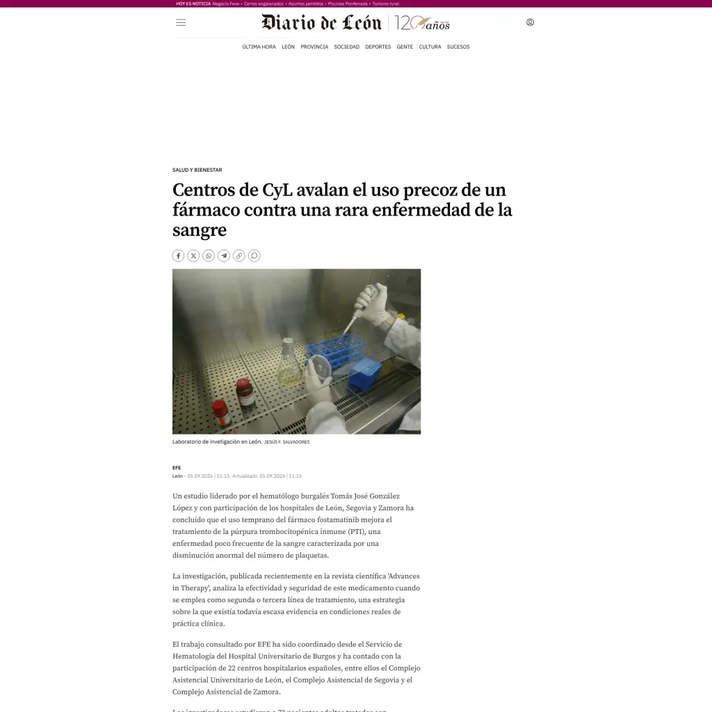 Centros de CyL avalan el uso precoz de un fármaco contra una rara enfermedad de la sangre
