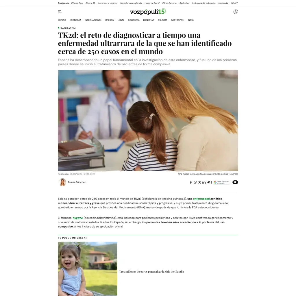 TK2d: el reto de diagnosticar a tiempo una enfermedad ultrarrara de la que se han identificado cerca de 250 casos en el mundo