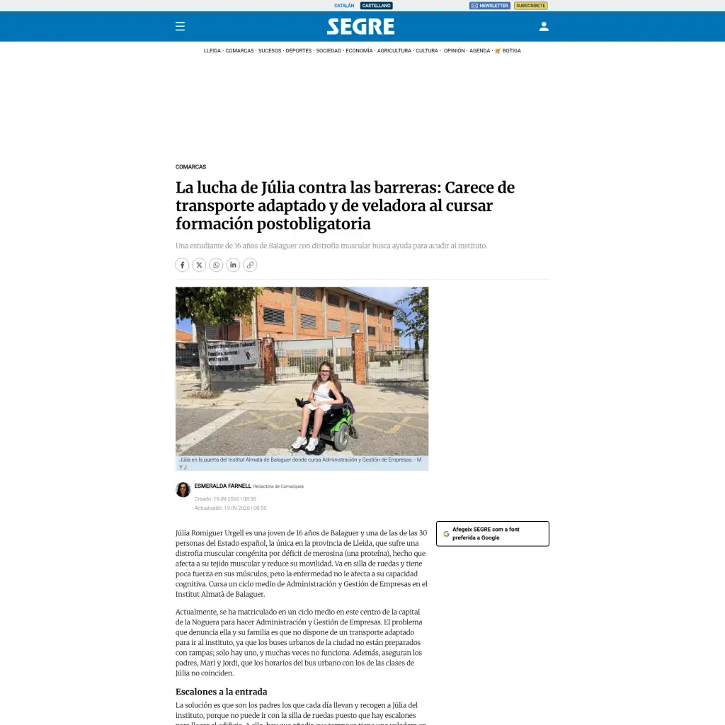 La lucha de Júlia contra las barreras: Carece de transporte adaptado y de veladora al cursar formación postobligatoria