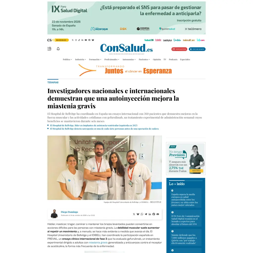 Investigadores nacionales e internacionales demuestran que una autoinyección mejora la miastenia gravis