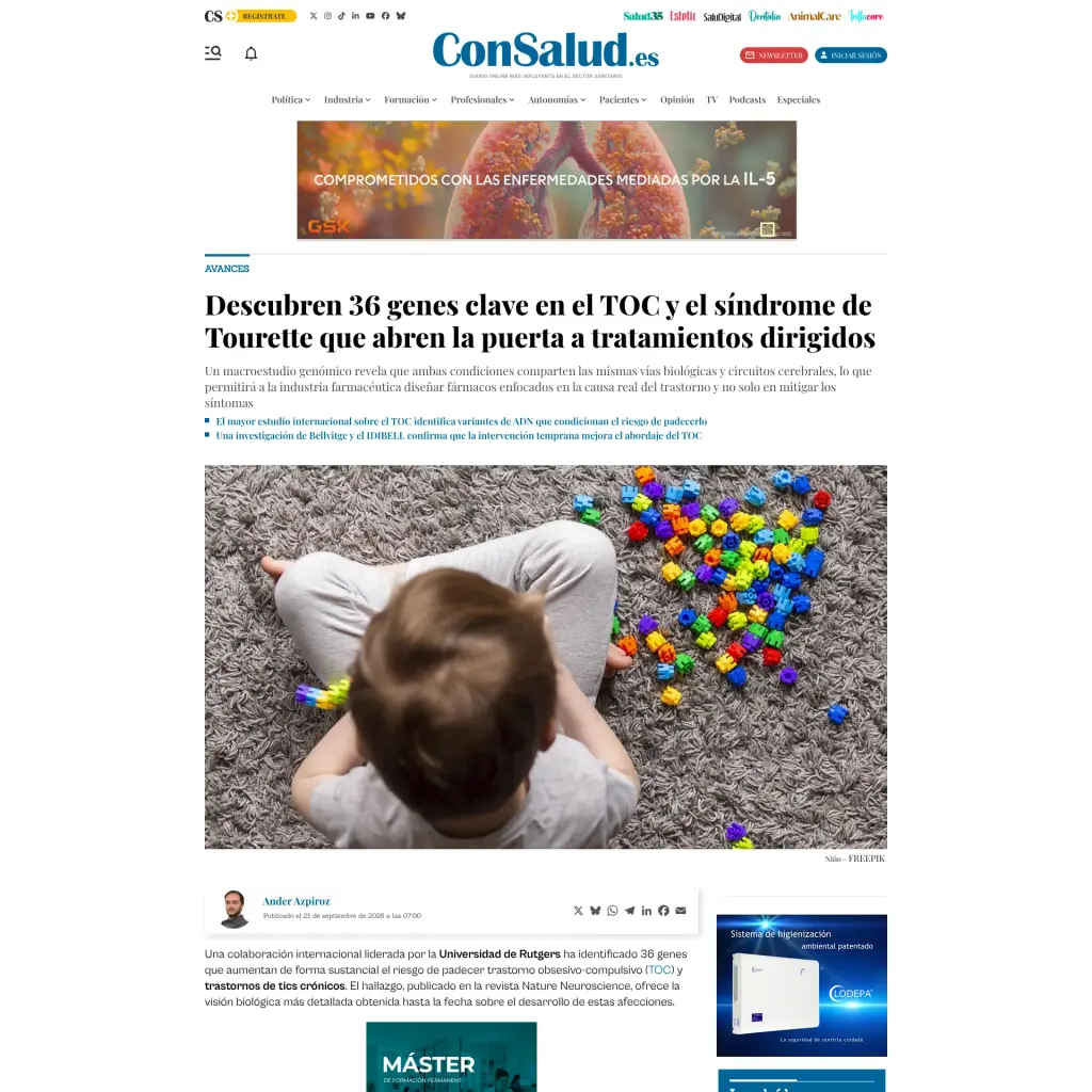 Descubren 36 genes clave en el TOC y el síndrome de Tourette que abren la puerta a tratamientos dirigidos