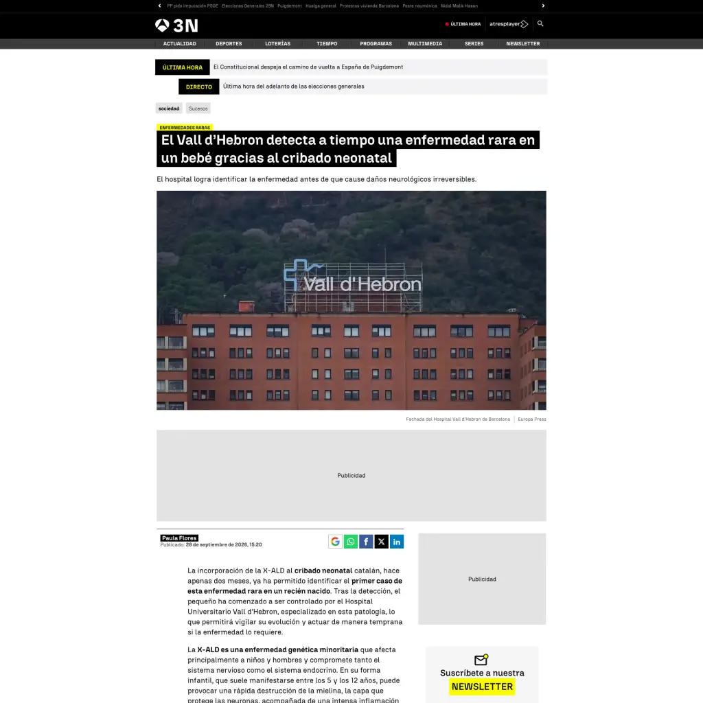 El Vall d’Hebron detecta a tiempo una enfermedad rara en un bebé gracias al cribado neonatal