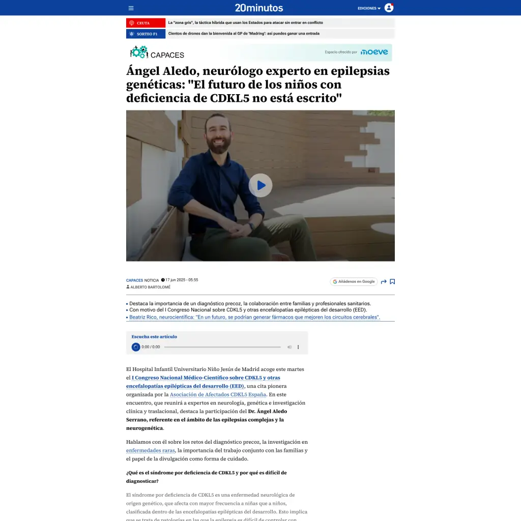 Ángel Aledo, neurólogo experto en epilepsias genéticas: "El futuro de los niños con deficiencia de CDKL5 no está escrito"