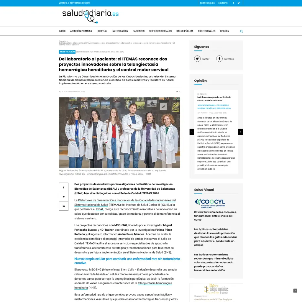 Del laboratorio al paciente: el ITEMAS reconoce dos proyectos innovadores sobre la telangiectasia hemorrágica hereditaria y el control motor cervical