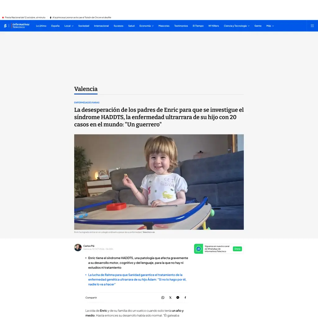 La desesperación de los padres de Enric para que se investigue el síndrome HADDTS, la enfermedad ultrarrara de su hijo con 20 casos en el mundo: "Un guerrero"