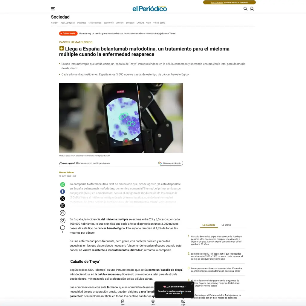Llega a España belantamab mafodotina, un tratamiento para el mieloma múltiple cuando la enfermedad reaparece