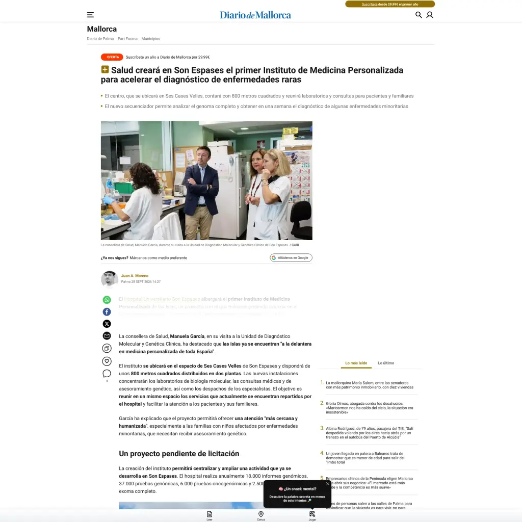 Salud creará en Son Espases el primer Instituto de Medicina Personalizada para acelerar el diagnóstico de enfermedades raras