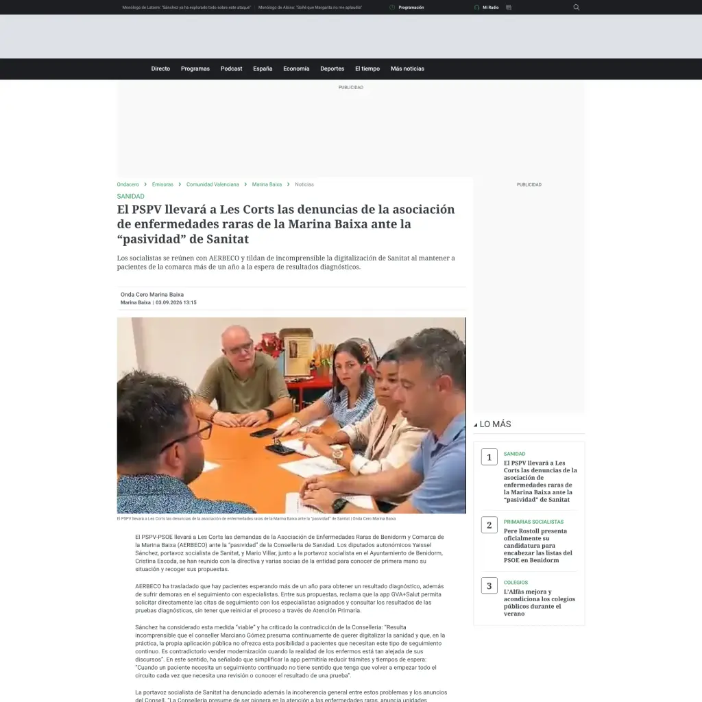 El PSPV llevará a Les Corts las denuncias de la asociación de enfermedades raras de la Marina Baixa ante la “pasividad” de Sanitat
