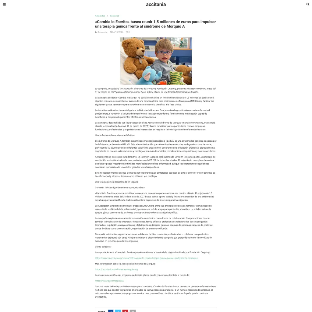 «Cambia lo Escrito» busca reunir 1,5 millones de euros para impulsar una terapia génica frente al síndrome de Morquio A
