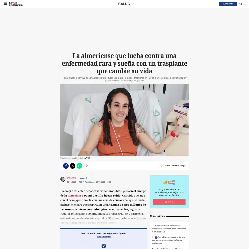 La almeriense que lucha contra una enfermedad rara y sueña con un trasplante que cambie su vida