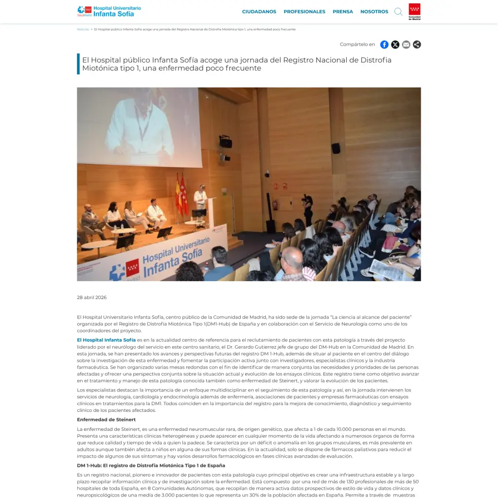 El Hospital público Infanta Sofía acoge una jornada del Registro Nacional de Distrofia Miotónica tipo 1, una enfermedad poco frecuente