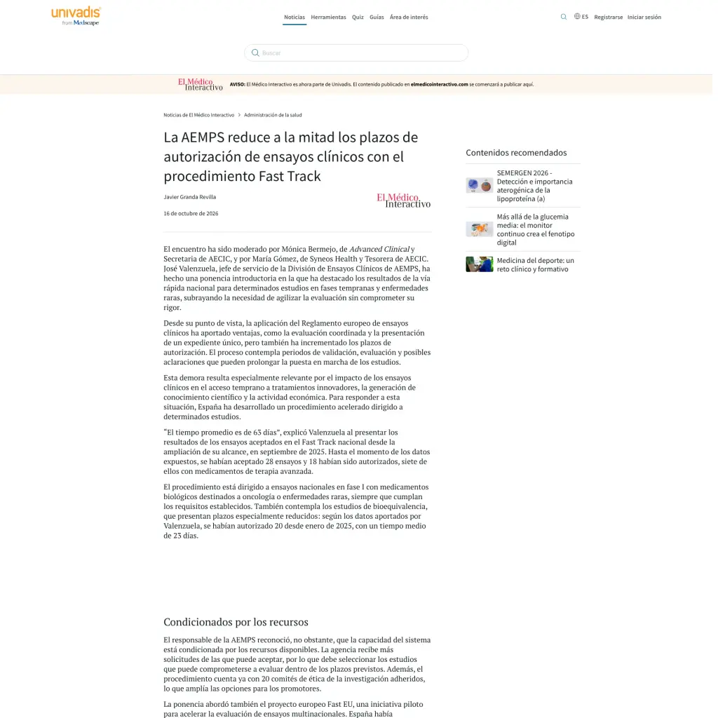 La AEMPS reduce a la mitad los plazos de autorización de ensayos clínicos con el procedimiento Fast Track