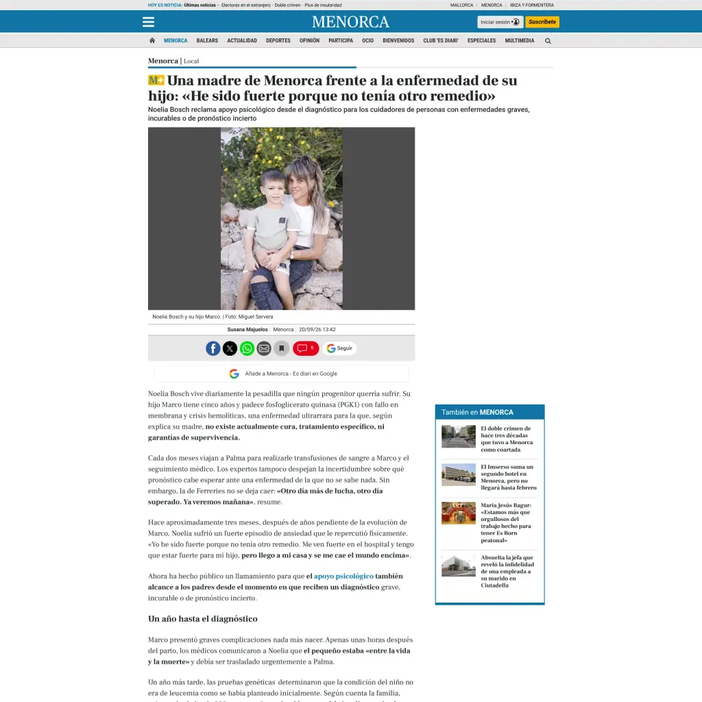 Una madre de Menorca frente a la enfermedad de su hijo: «He sido fuerte porque no tenía otro remedio»