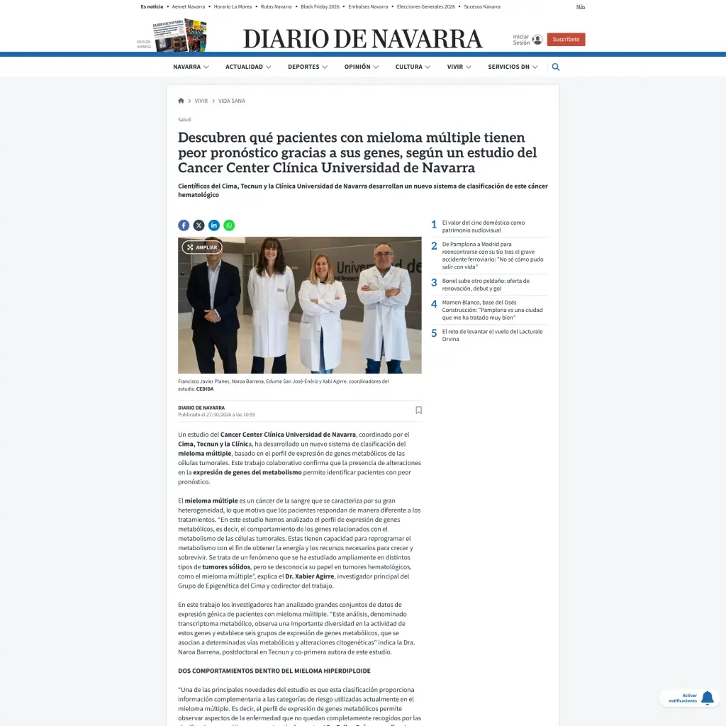 Descubren qué pacientes con mieloma múltiple tienen peor pronóstico gracias a sus genes, según un estudio del Cancer Center Clínica Universidad de Navarra