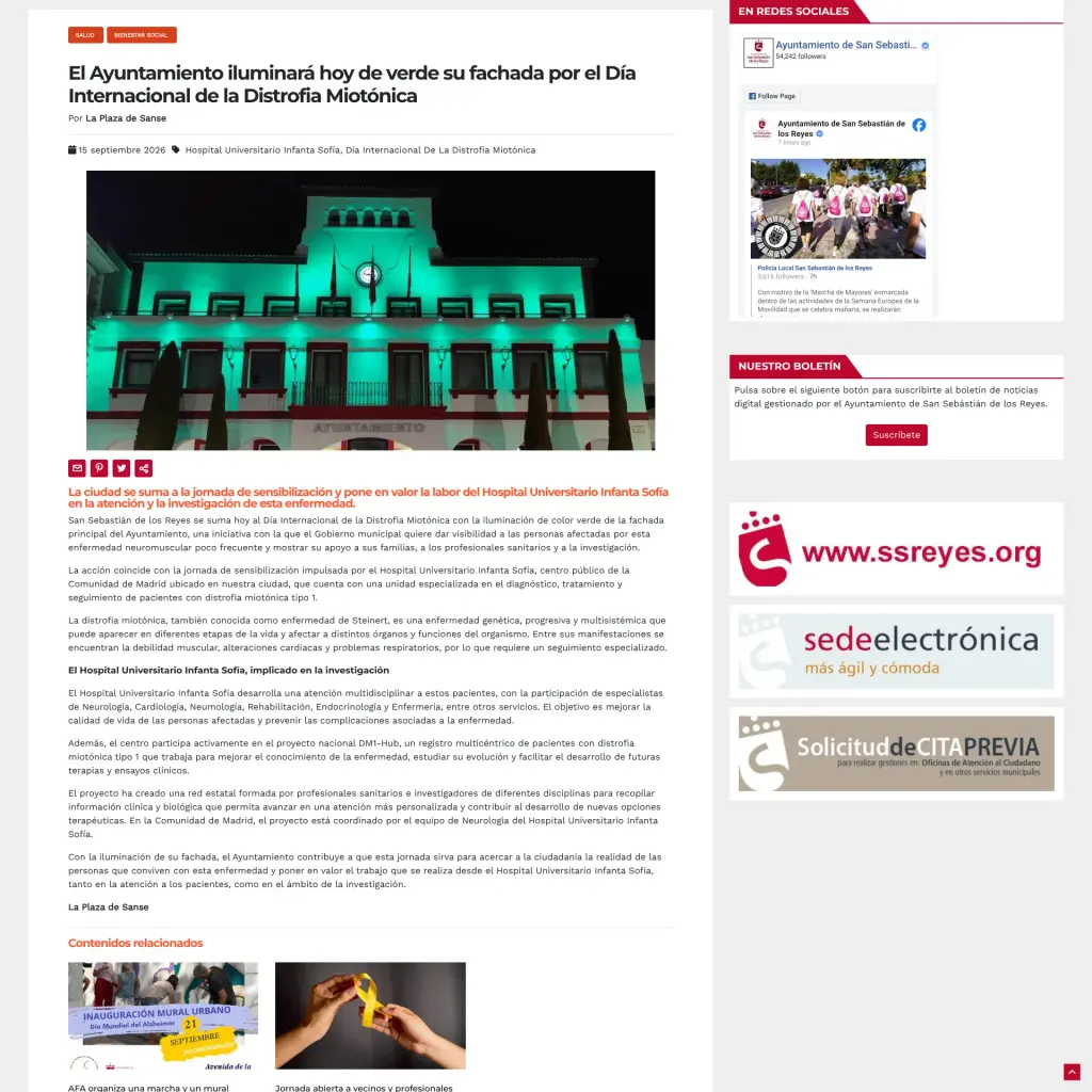 El Ayuntamiento iluminará hoy de verde su fachada por el Día Internacional de la Distrofia Miotónica