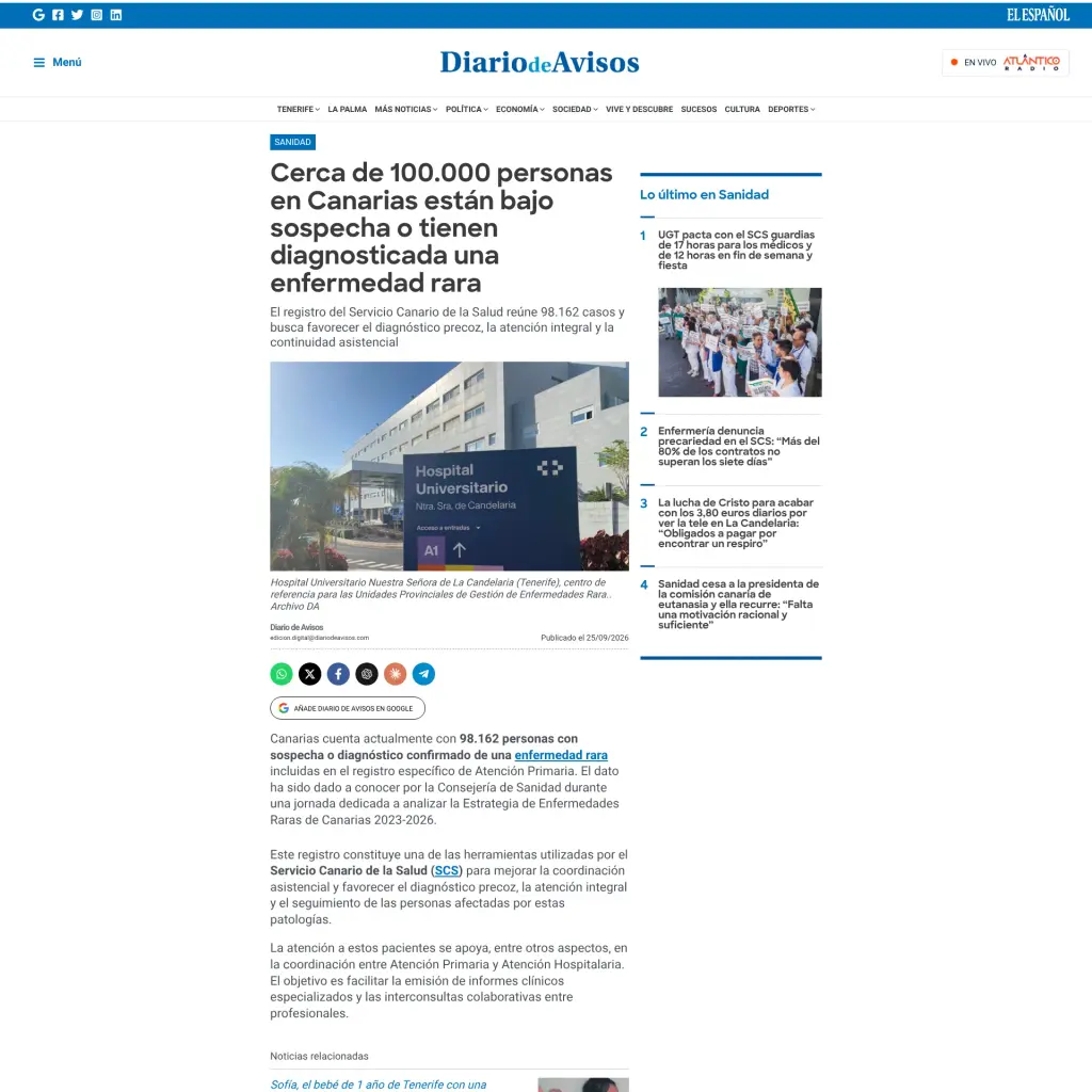 Cerca de 100.000 personas en Canarias están bajo sospecha o tienen diagnosticada una enfermedad rara