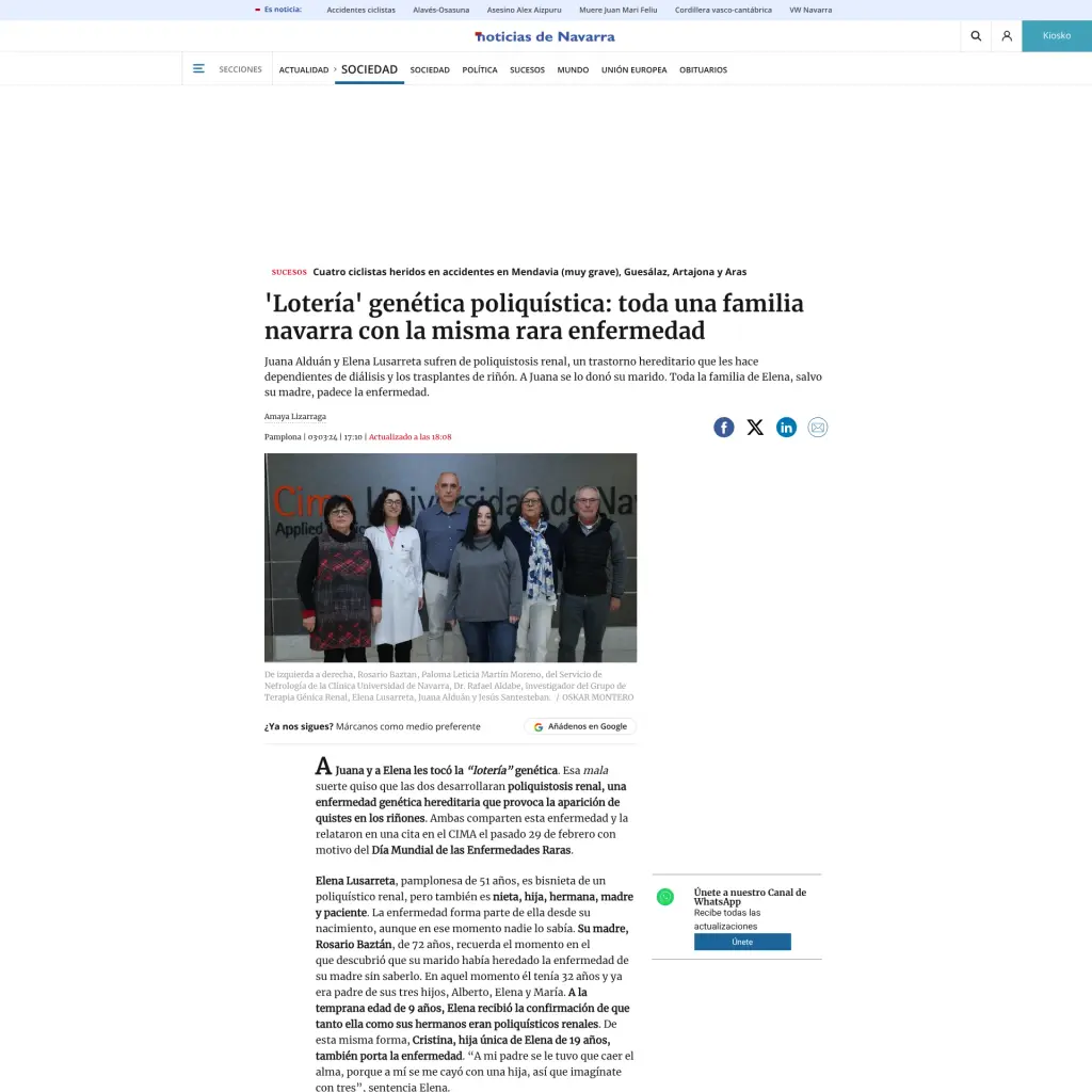 'Lotería' genética poliquística: toda una familia navarra con la misma rara enfermedad