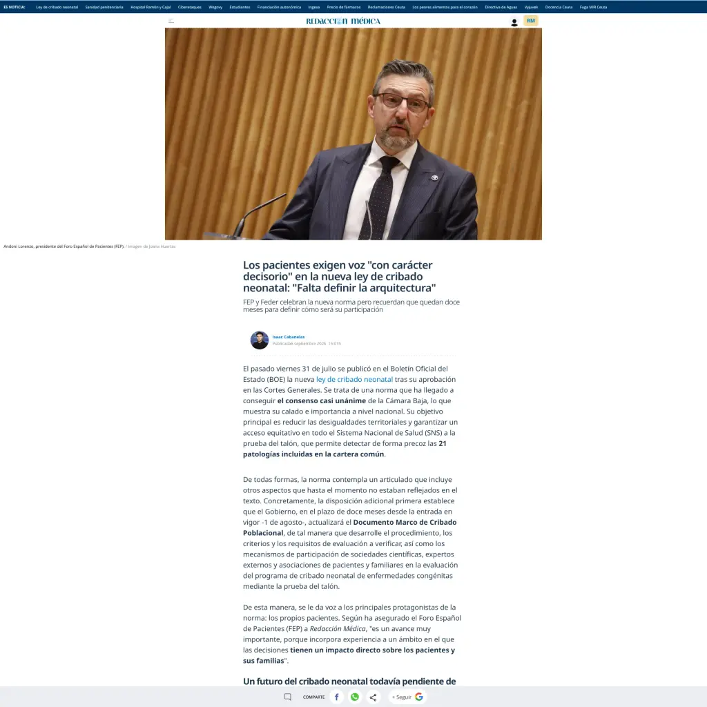 Los pacientes exigen voz "con carácter decisorio" en la nueva ley de cribado neonatal: "Falta definir la arquitectura"