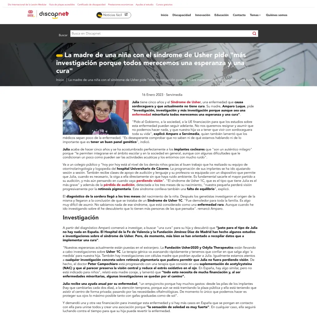La madre de una niña con el síndrome de Usher pide "más investigación porque todos merecemos una esperanza y una cura"