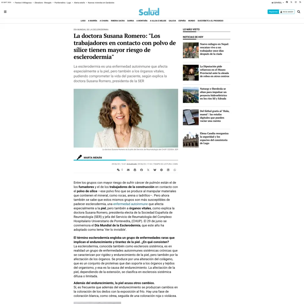 La doctora Susana Romero: "Los trabajadores en contacto con polvo de sílice tienen mayor riesgo de esclerodermia"