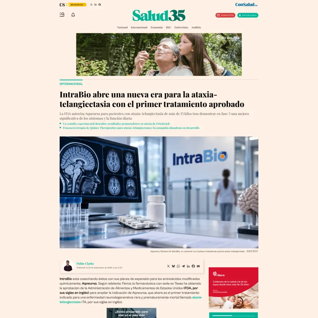  internacional IntraBio abre una nueva era para la ataxia-telangiectasia con el primer tratamiento aprobado