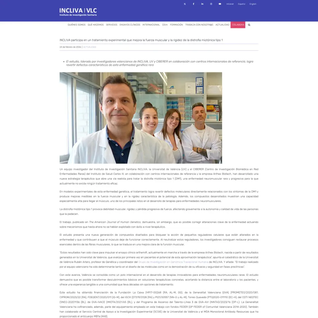 INCLIVA participa en un tratamiento experimental que mejora la fuerza muscular y la rigidez de la distrofia miotónica tipo 1