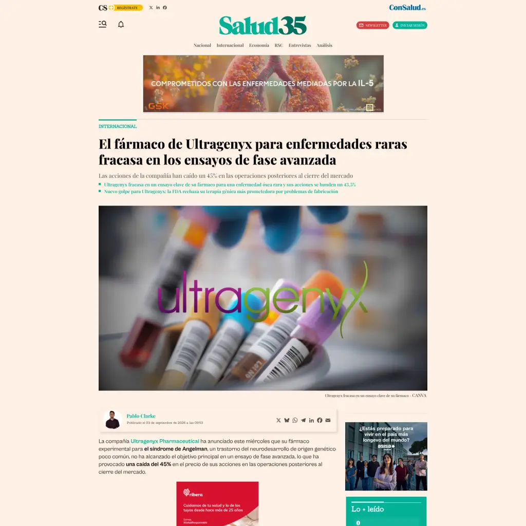 El fármaco de Ultragenyx para enfermedades raras fracasa en los ensayos de fase avanzada