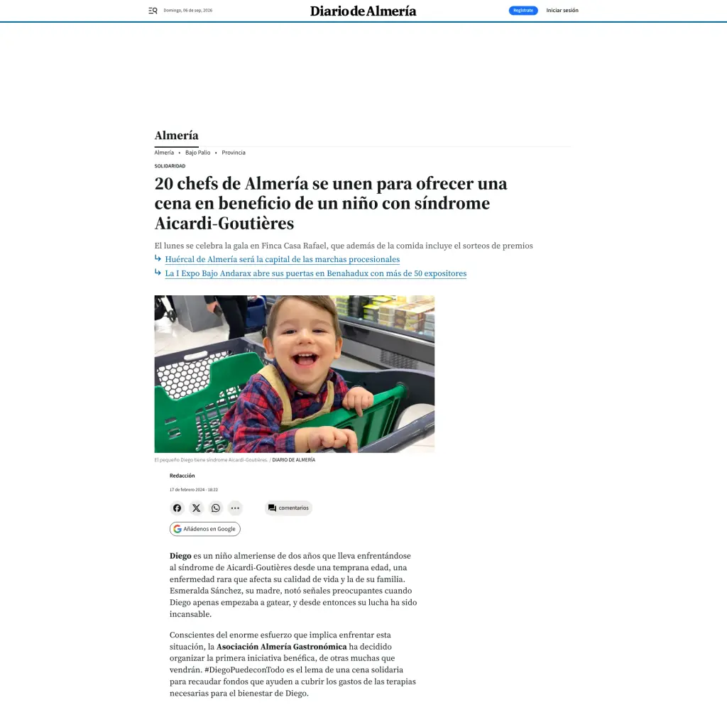 20 chefs de Almería se unen para ofrecer una cena en beneficio de un niño con síndrome Aicardi-Goutières