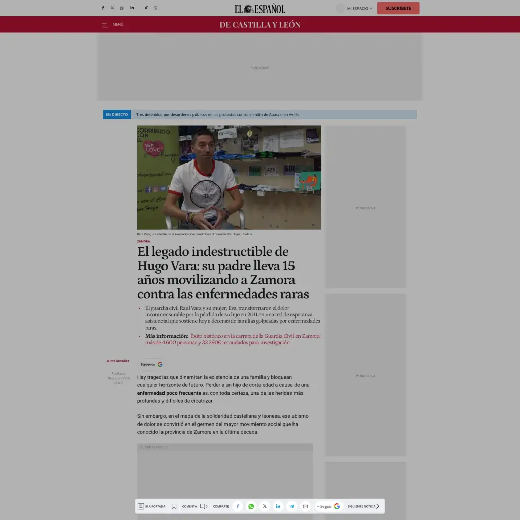 El legado indestructible de Hugo Vara: su padre lleva 15 años movilizando a Zamora contra las enfermedades raras