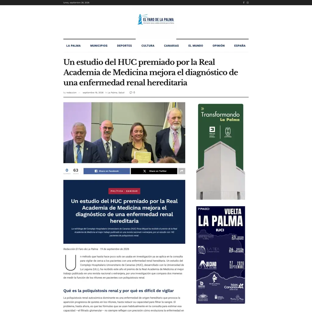 Un estudio del HUC premiado por la Real Academia de Medicina mejora el diagnóstico de una enfermedad renal hereditaria