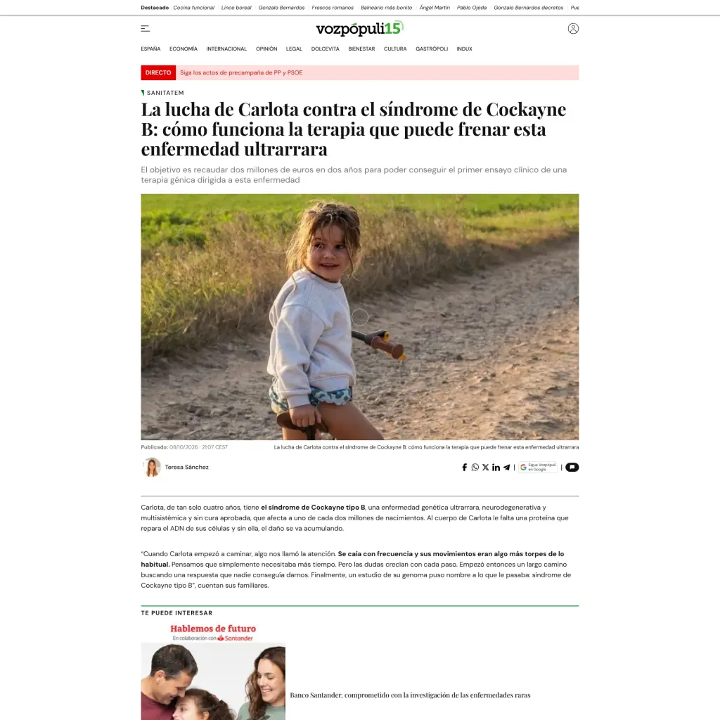 La lucha de Carlota contra el síndrome de Cockayne B: cómo funciona la terapia que puede frenar esta enfermedad ultrarrara