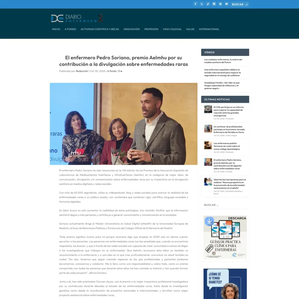 El enfermero Pedro Soriano, premio Aelmhu por su contribución a la divulgación sobre enfermedades raras