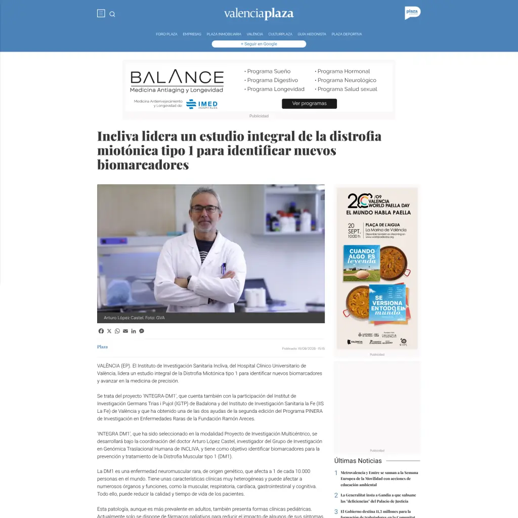 Incliva lidera un estudio integral de la distrofia miotónica tipo 1 para identificar nuevos biomarcadores
