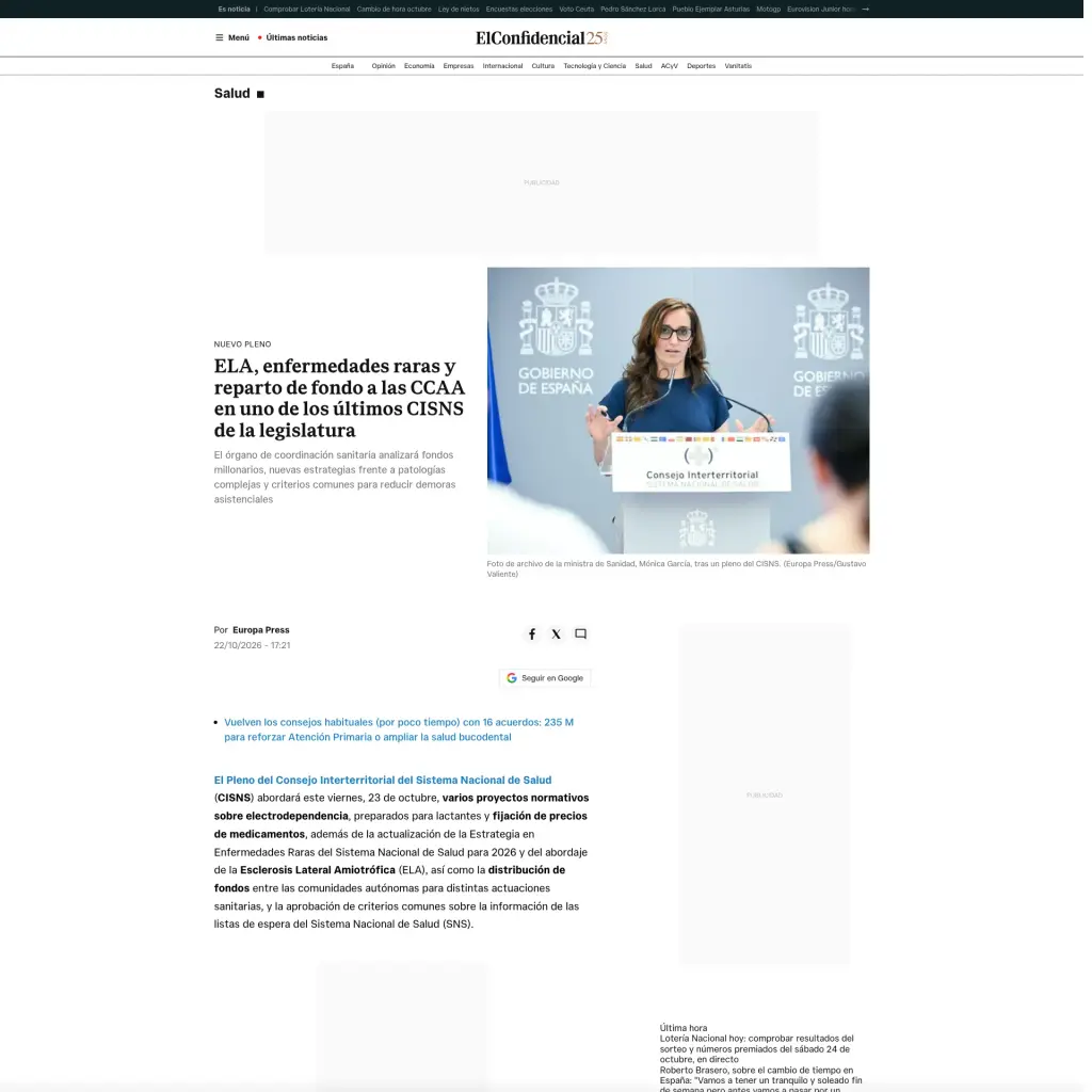 ELA, enfermedades raras y reparto de fondo a las CCAA en uno de los últimos CISNS de la legislatura