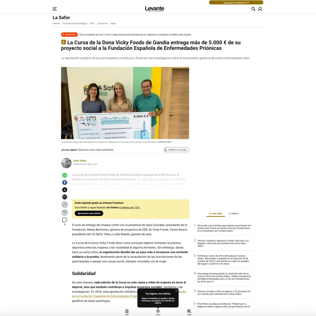 La Cursa de la Dona Vicky Foods de Gandia entrega más de 5.000 € de su proyecto social a la Fundación Española de Enfermedades Priónicas