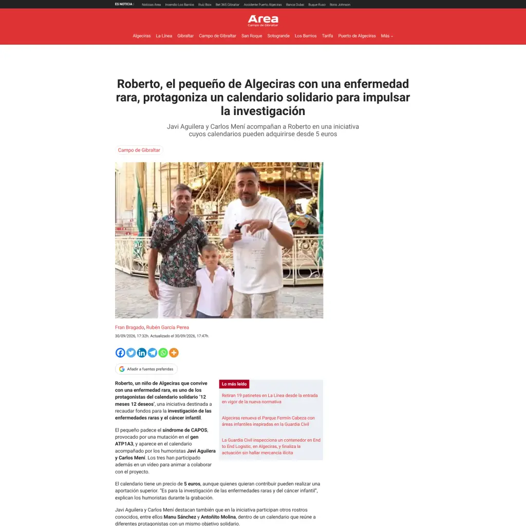Roberto, el pequeño de Algeciras con una enfermedad rara, protagoniza un calendario solidario para impulsar la investigación